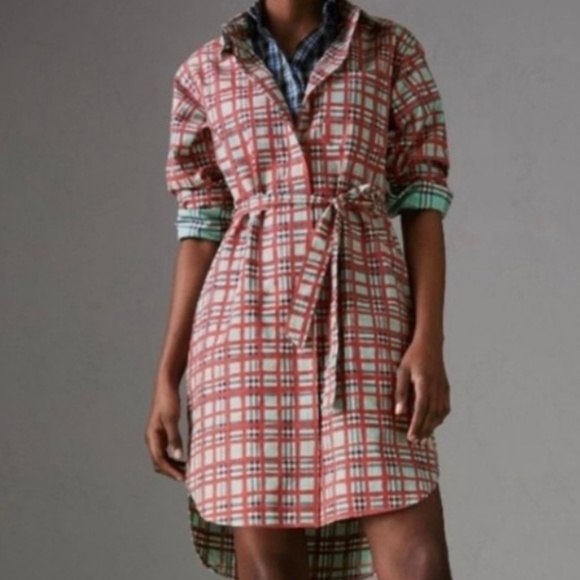 Burberry Dresses & Skirts - Burberry Red Blue Tartan Plaid Check Tie-Waist Shirt Dress